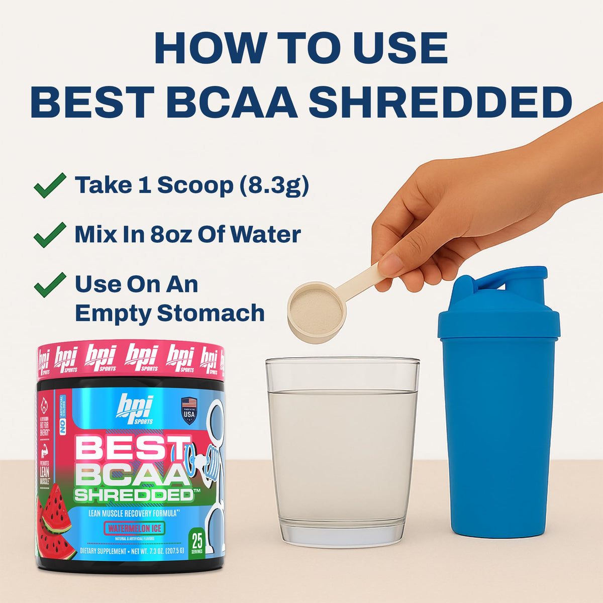 BPI Sports BCAA Shredded 340g avec des accessoires de fitness