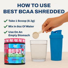BPI Sports BCAA Shredded 340g avec des accessoires de fitness