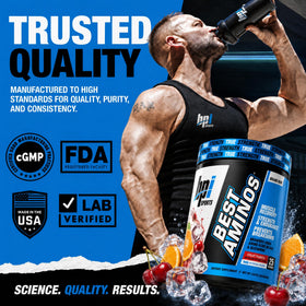 BPI Sports Best Aminos Poudre BCAA 320g - Goût Fruit Punch - présentation sur une table