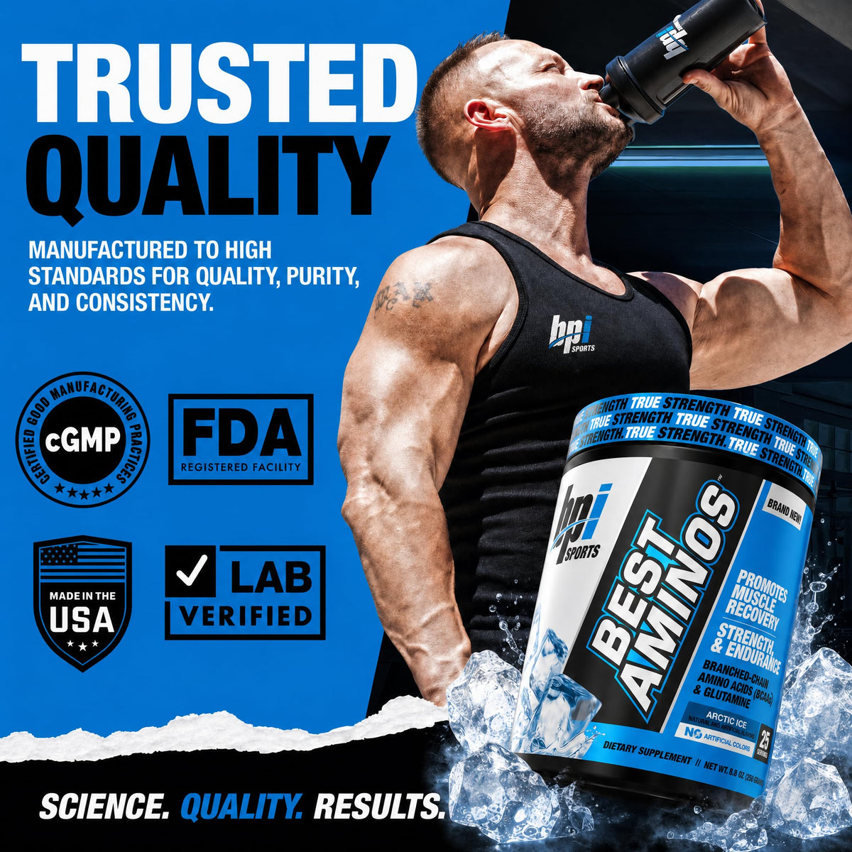 BPI Sports Best Aminos Poudre BCAA Arctic Ice sur un fond de sport