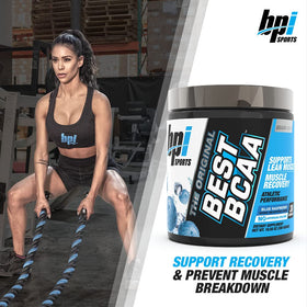BPI Sports Best BCAA Poudre Framboise Bleue emballage et mesure