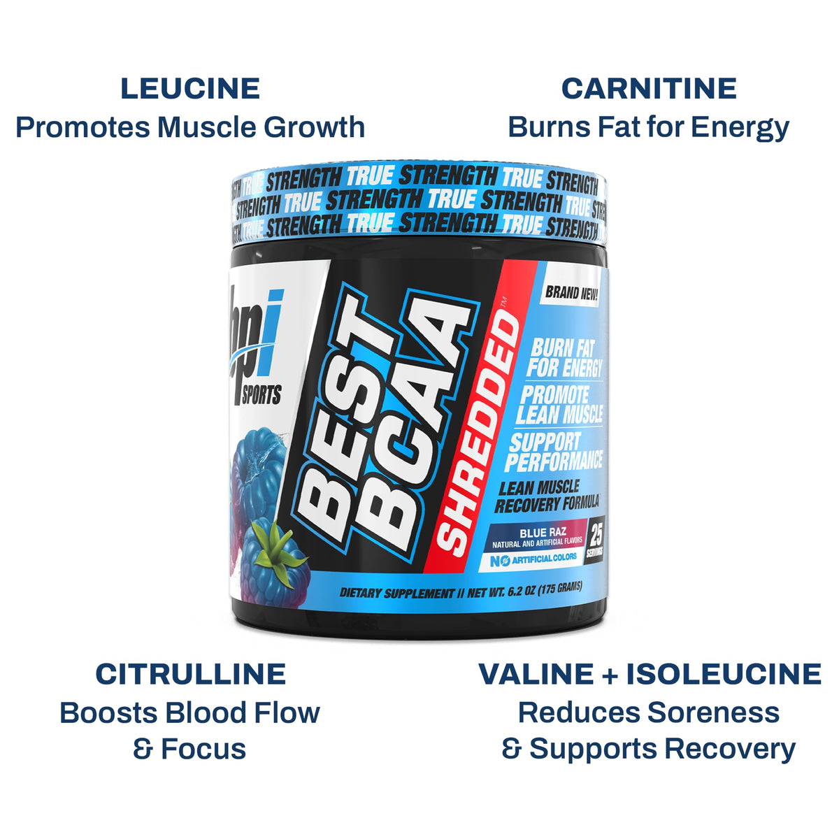 BPI Sports Best BCAA Shredded 259g à côté d'un shaker d'eau