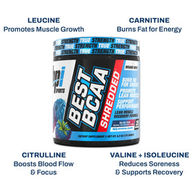 BPI Sports Best BCAA Shredded 259g à côté d'un shaker d'eau
