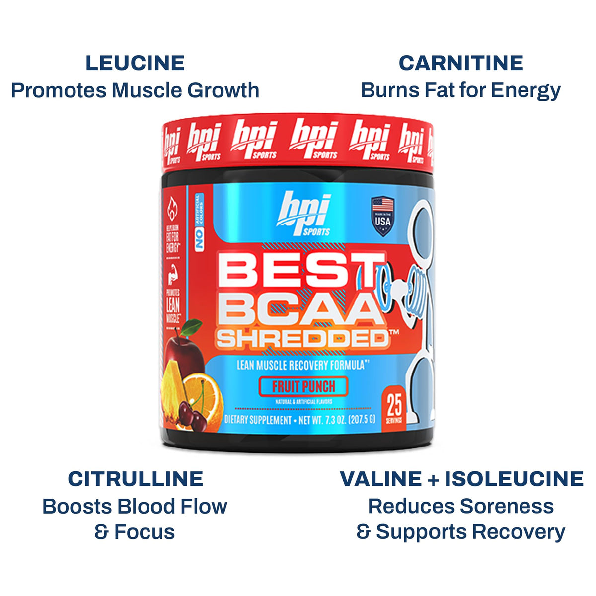 BPI Sports Best BCAA Shredded 422g à côté d'un shaker d'eau