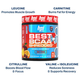 BPI Sports Best BCAA Shredded 422g à côté d'un shaker d'eau