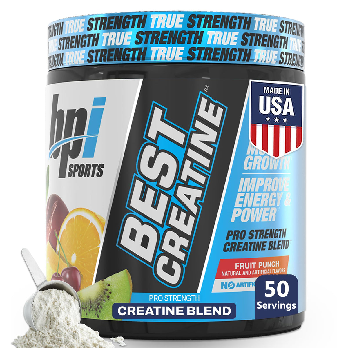 BPI Sports Best Creatine Poudre 358g avant avec étiquette et saveur Punch de Fruits