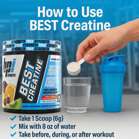 BPI Sports Best Creatine Poudre 358g sur une table avec accessoires de fitness