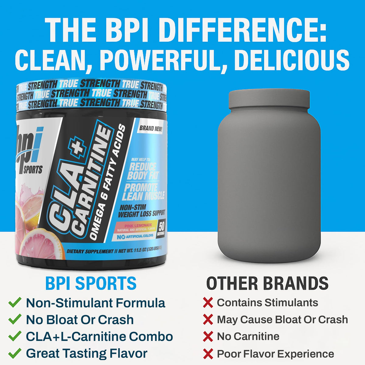 BPI Sports CLA+Carnitine 390g sur une table avec shaker