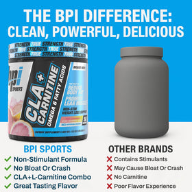BPI Sports CLA+Carnitine 390g sur une table avec shaker