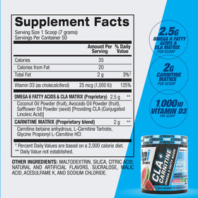 BPI Sports CLA+Carnitine 420g sur une table avec des accessoires de fitness