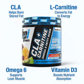 BPI Sports CLA + Carnitine 440g avec fruits en arrière-plan