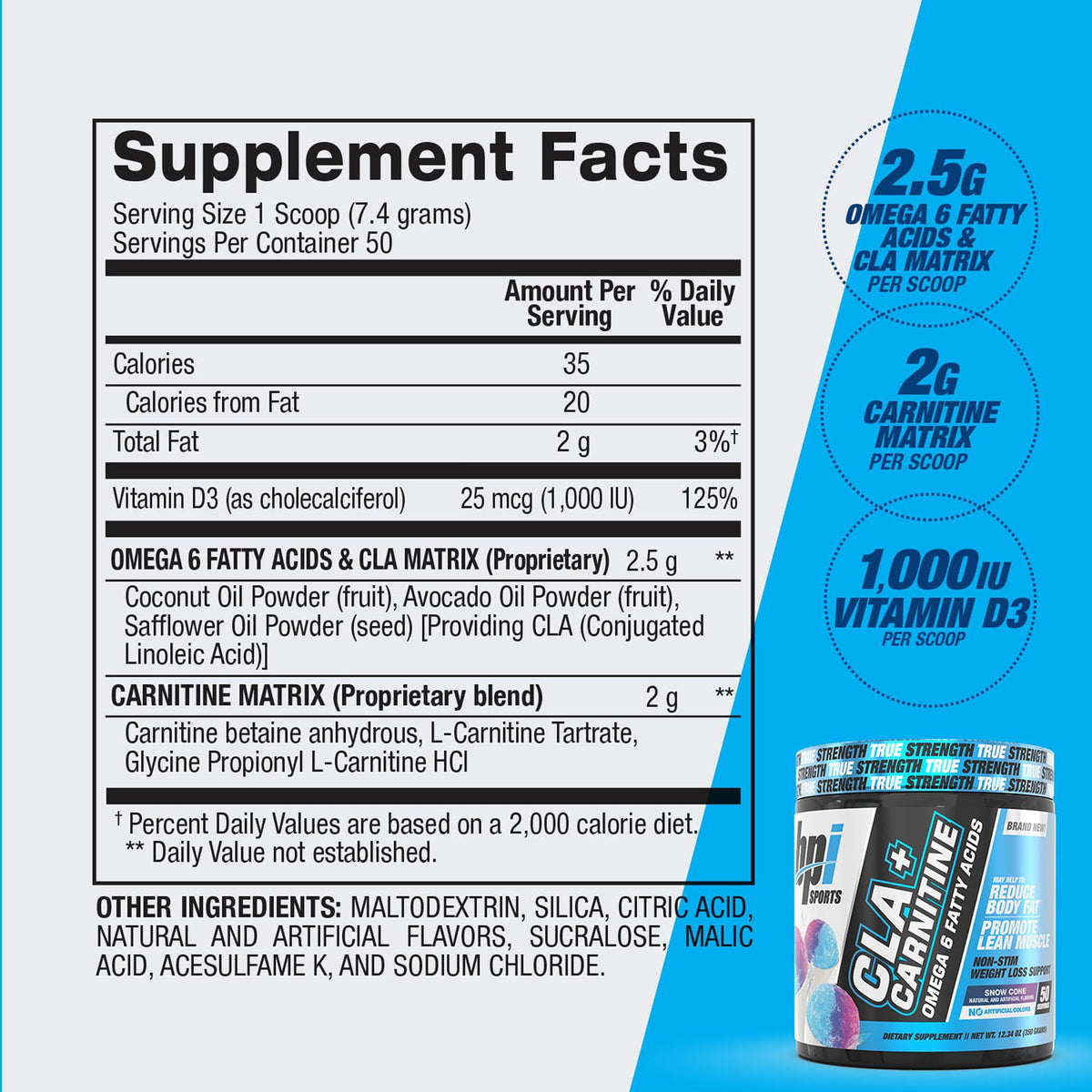 BPI Sports CLA + Carnitine mesure à côté d'un shaker