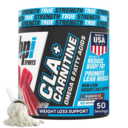 BPI Sports CLA + Carnitine Poudre 410g saveur Rainbow Ice vue de face