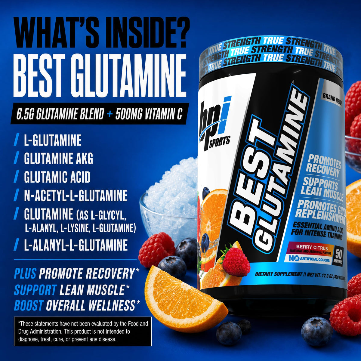 BPI Sports Glutamine 490g in a fitness setting with shaker bottle