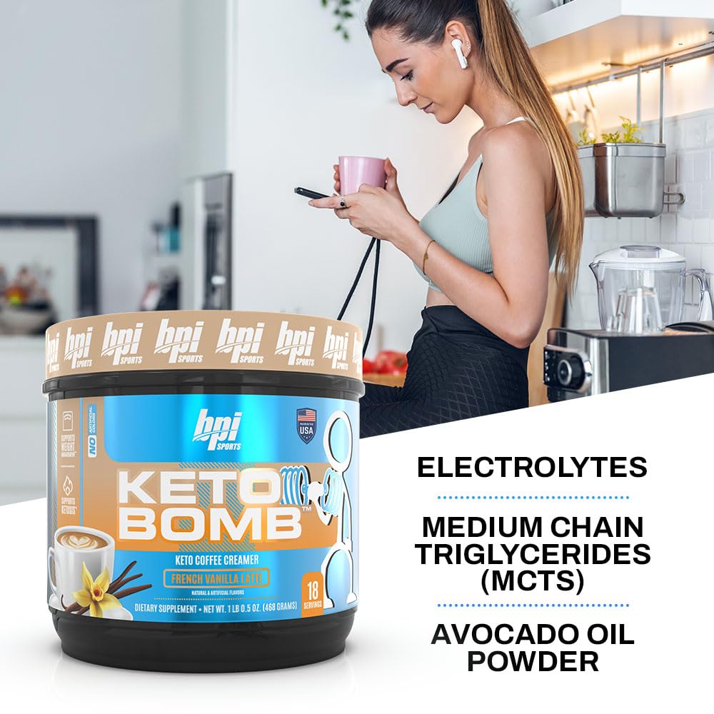 BPI Sports Keto Bomb Crème à Café Vanille 572g en utilisation avec une boisson chaude