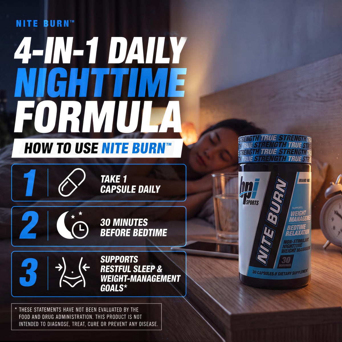 BPI Sports Nite Burn capsules sur une surface blanche