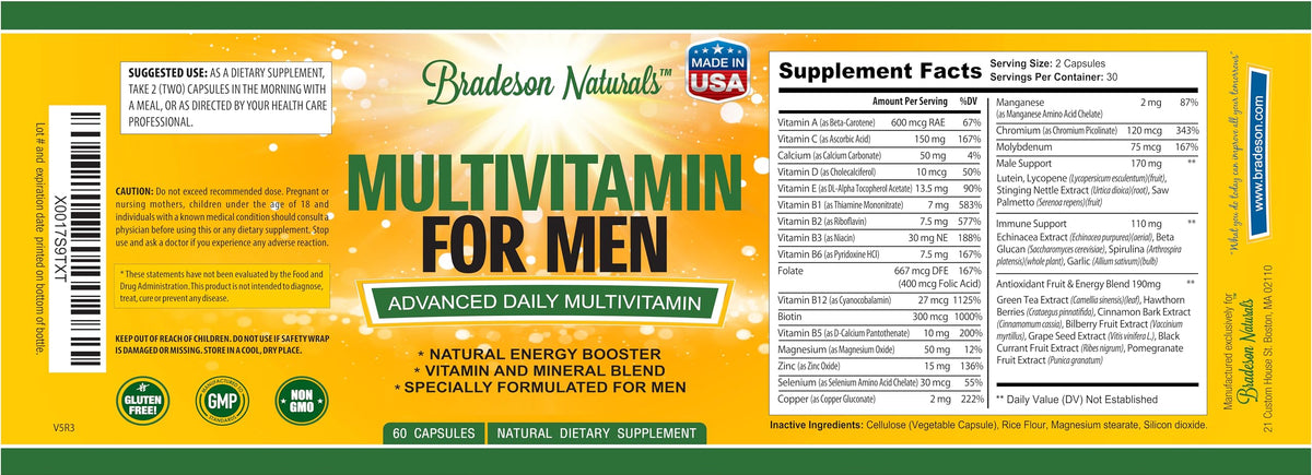 Bradeson Naturals Complément Multivitamines Homme en gros plan sur les capsules