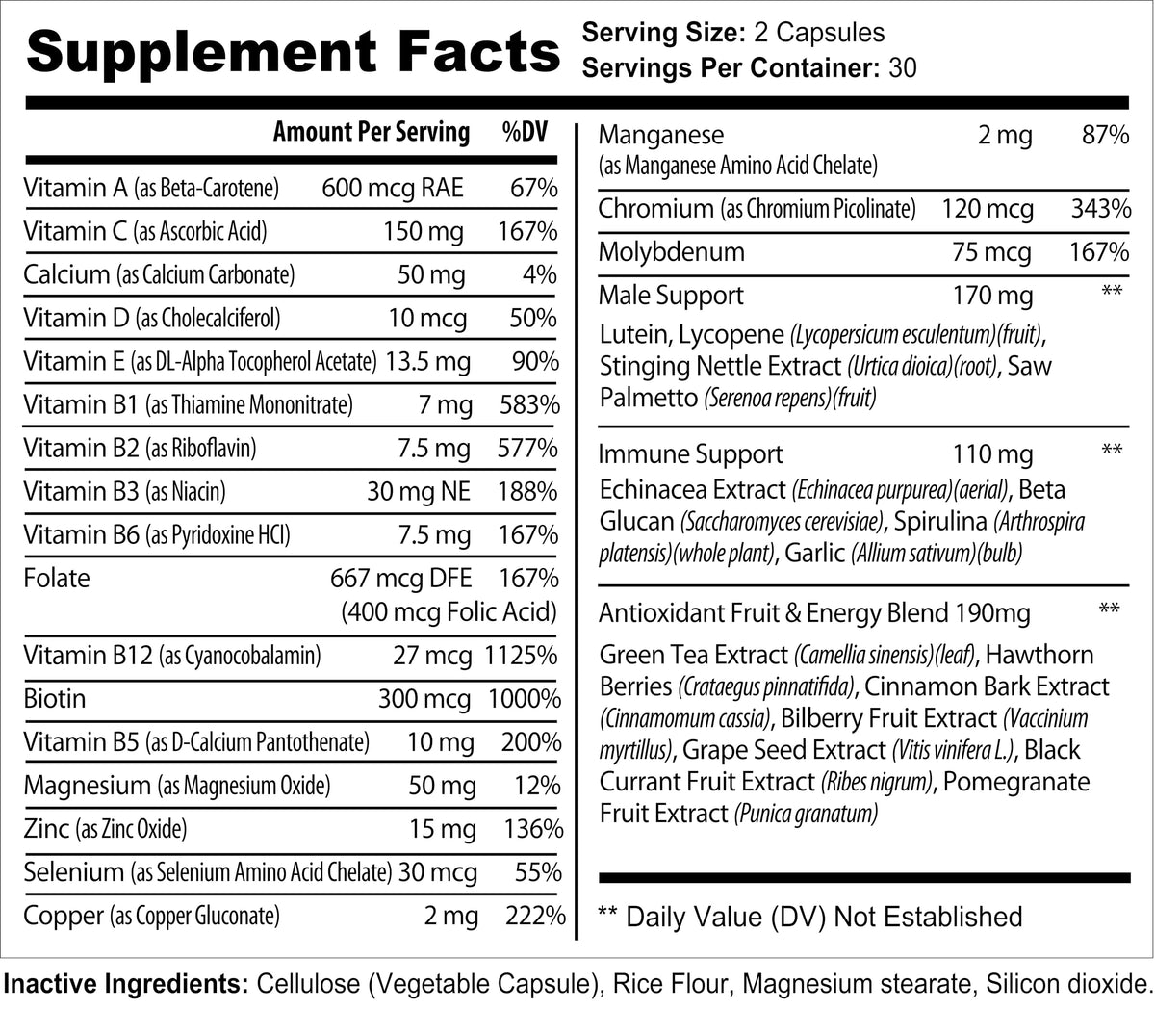 Bradeson Naturals Complément Multivitamines Homme vue arrière avec ingrédients
