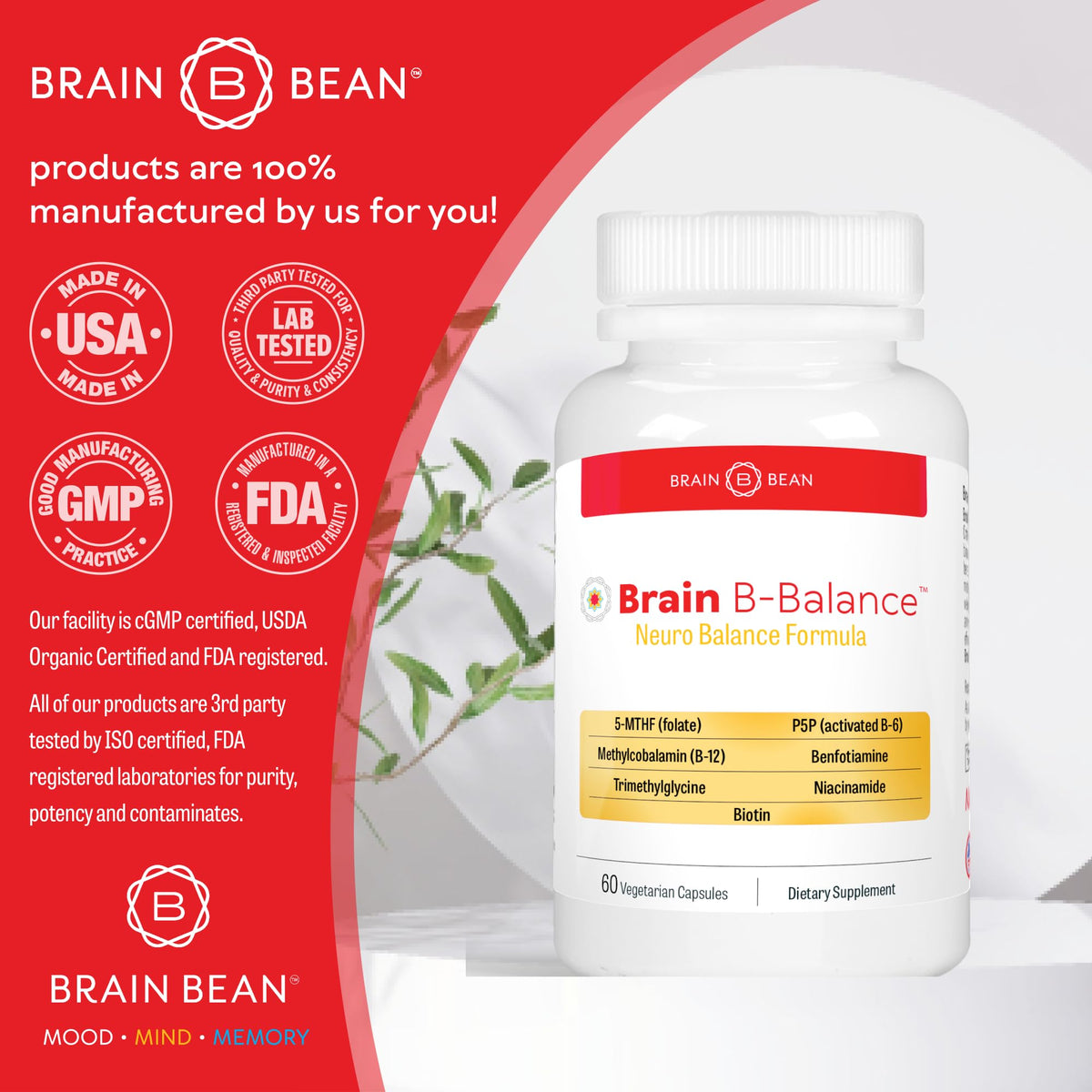 Brain Bean Brain B Balance avec des ingrédients clés sur un fond neutre
