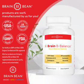 Brain Bean Brain B Balance avec des ingrédients clés sur un fond neutre