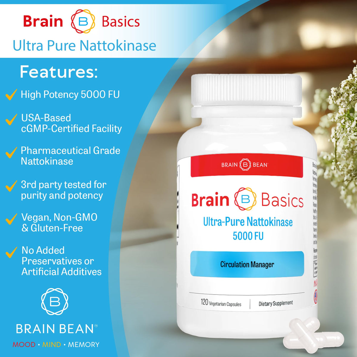 Brain Bean Ultra-Pure Nattokinase 5000 FU ingredients close-up