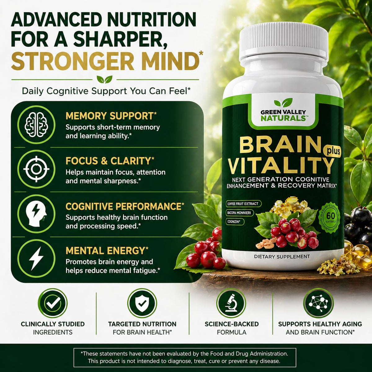 Brain Vitality Plus™ en bouteille avec fond blanc
