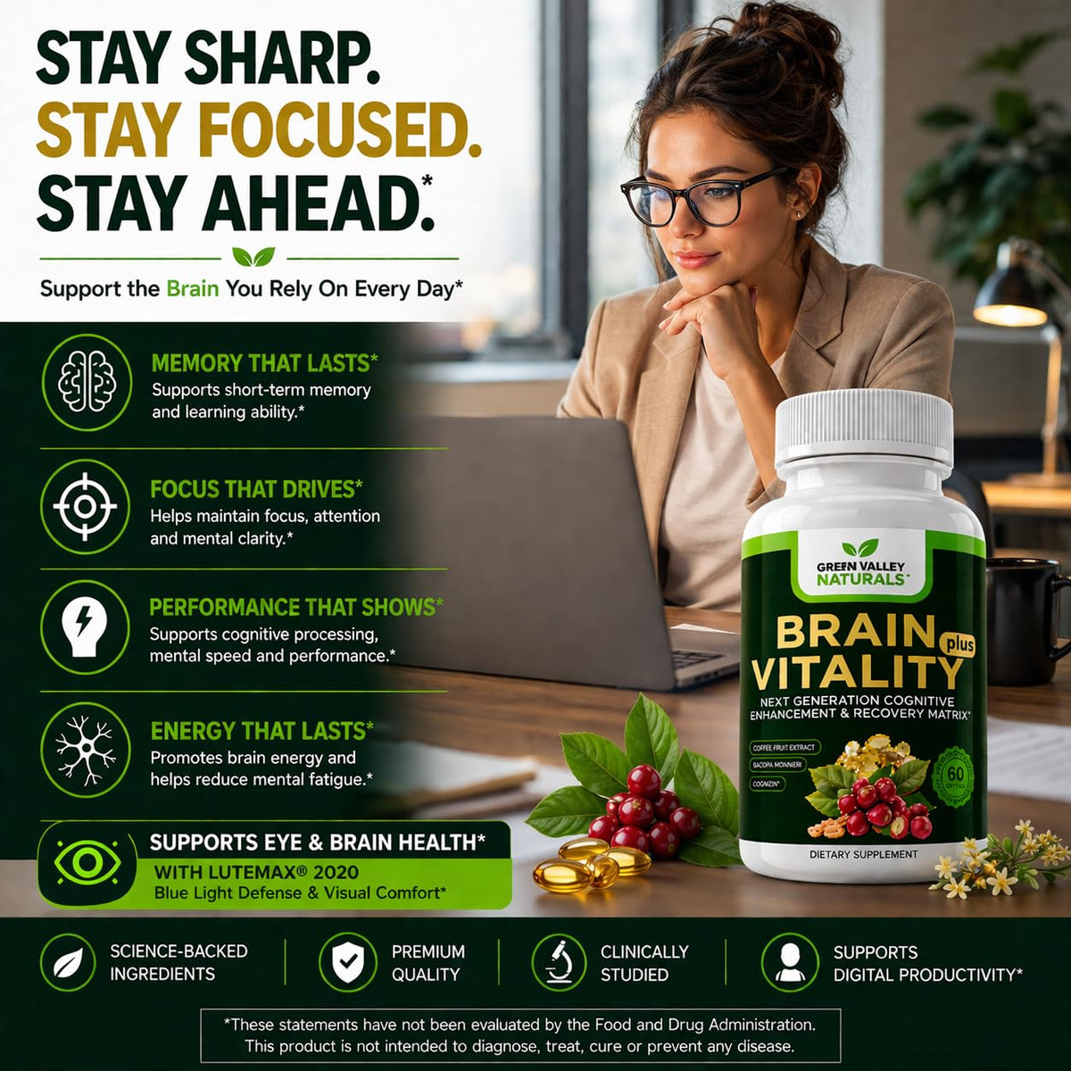 Brain Vitality Plus™ en contexte de bureau avec un ordinateur