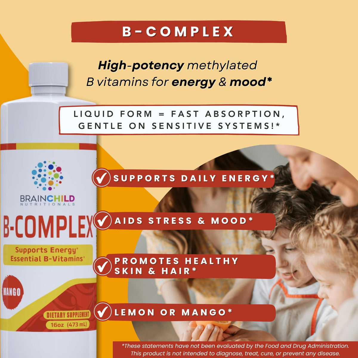 BrainChild B-Complex Liquide 32oz bouteille avec étiquette citron