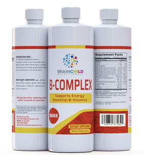 BrainChild B-Complex Liquide 32oz bouteille devant avec étiquette mangue