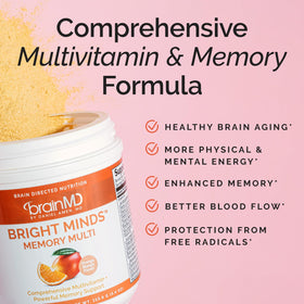 BrainMD Bright Minds Memory Multi 222g poudre dans un bol avec une cuillère