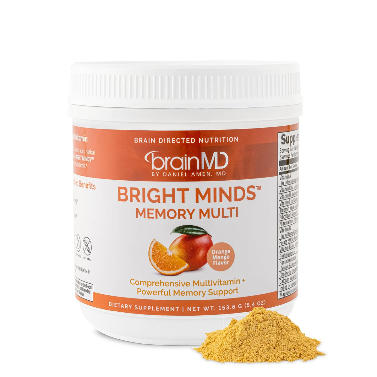 BrainMD Bright Minds Memory Multi 222g poudre Orange Mangue vue de face