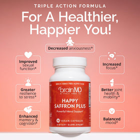 BrainMD Happy Saffron Plus capsules avec étiquette