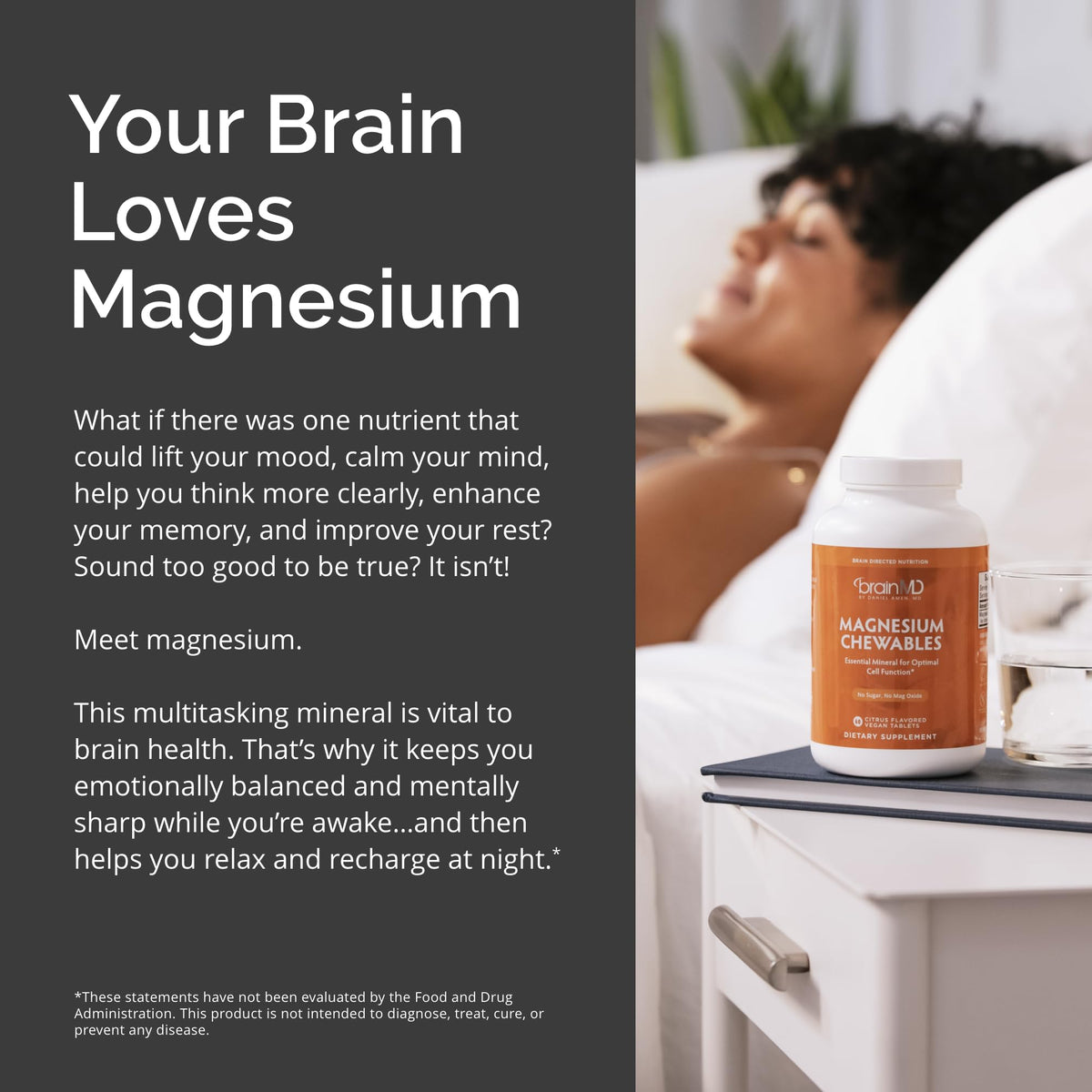 BrainMD Magnésium Agrumes, comprimés à mâcher dans une main