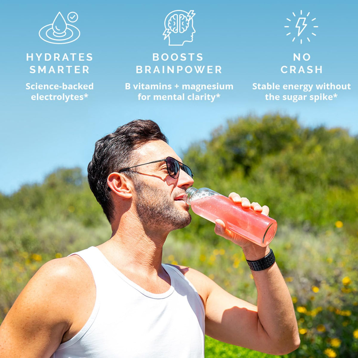 BrainMD Poudre d'Électrolytes en mélange avec de l'eau dans un verre