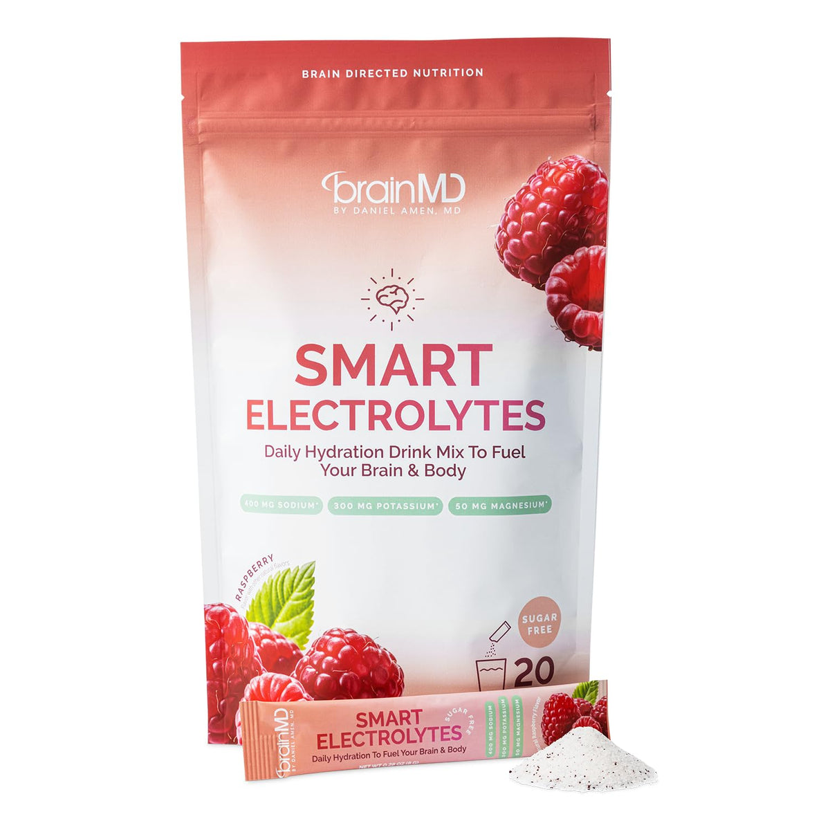 BrainMD Poudre d'Électrolytes vue de face avec emballage blanc