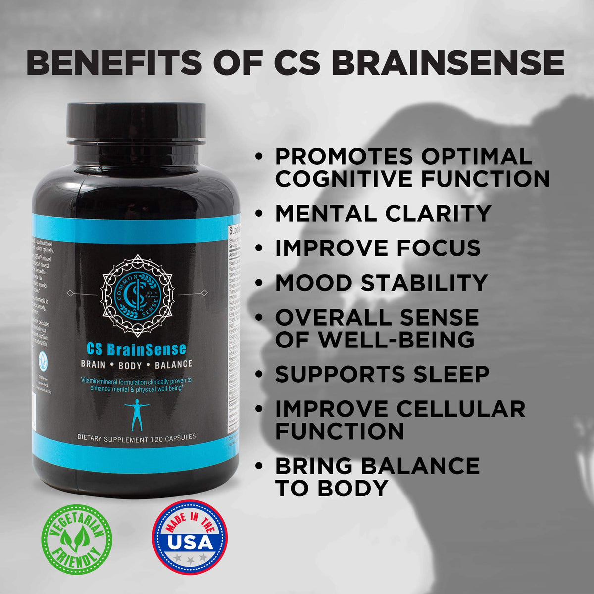 BrainSense Complément Alimentaire 120 Capsules sur une table en bois