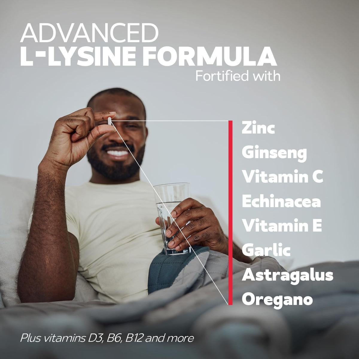 Bravado Labs L-Lysine 250mg capsules à côté d'un verre d'eau