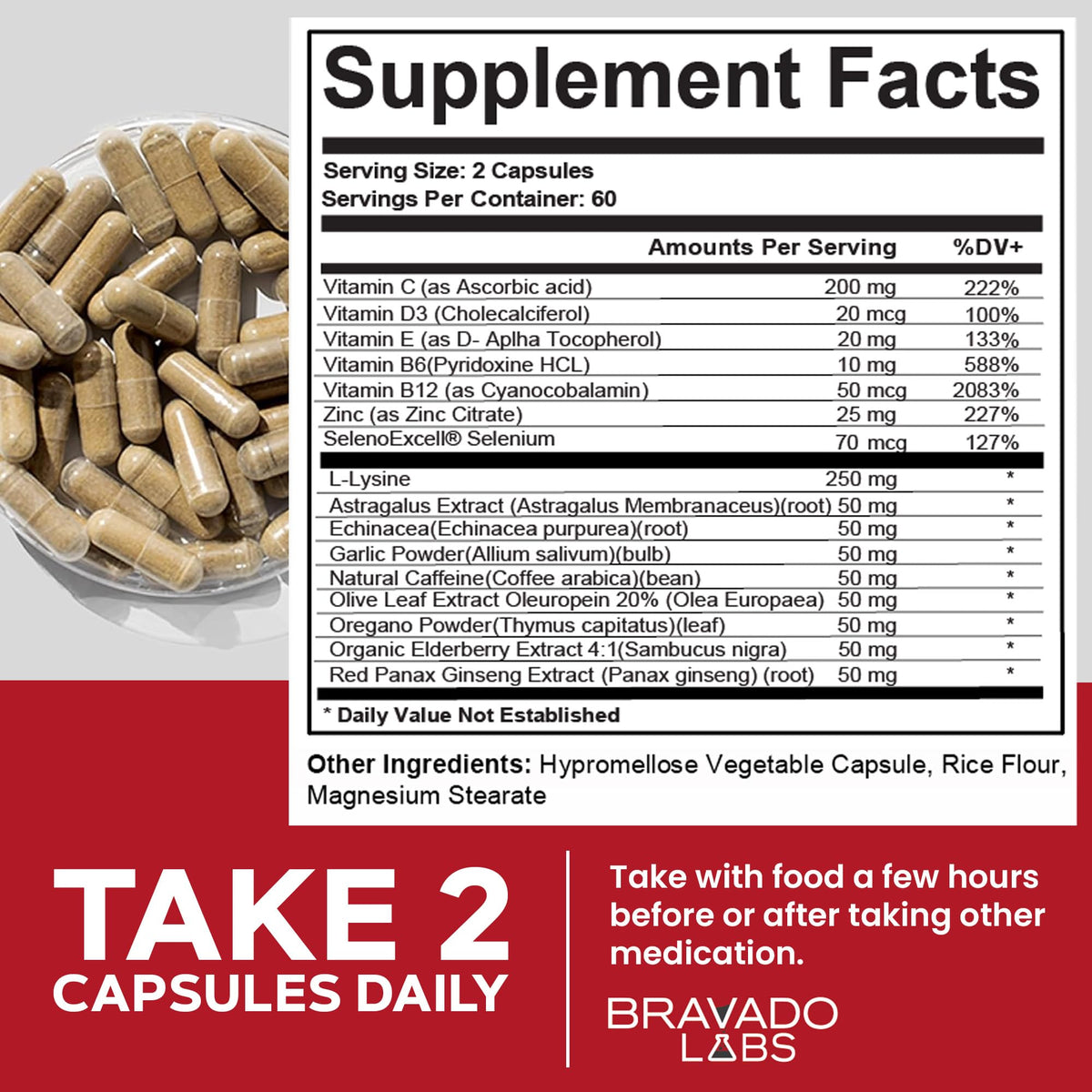 Bravado Labs L-Lysine 250mg capsules sur un fond blanc
