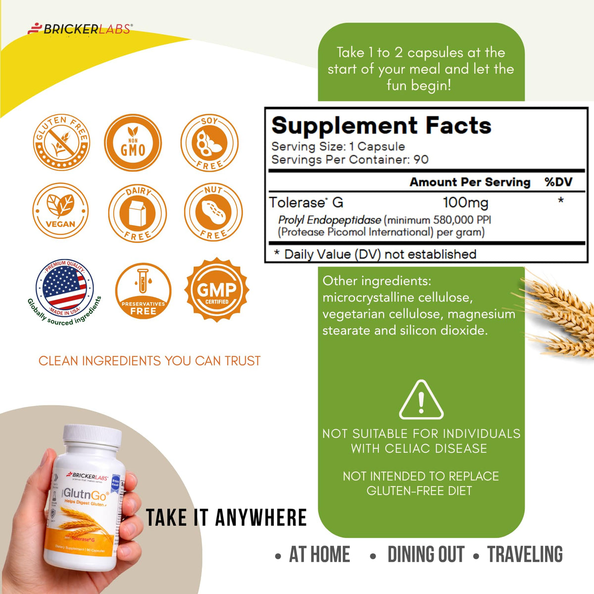 Bricker Labs GlutnGo capsules ouvertes montrant le contenu