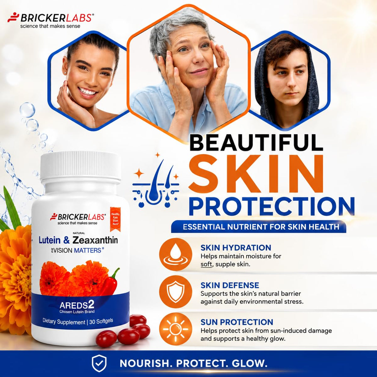 Bricker Labs Luteine + Zéaxanthine gélules molles à côté d'un verre d'eau