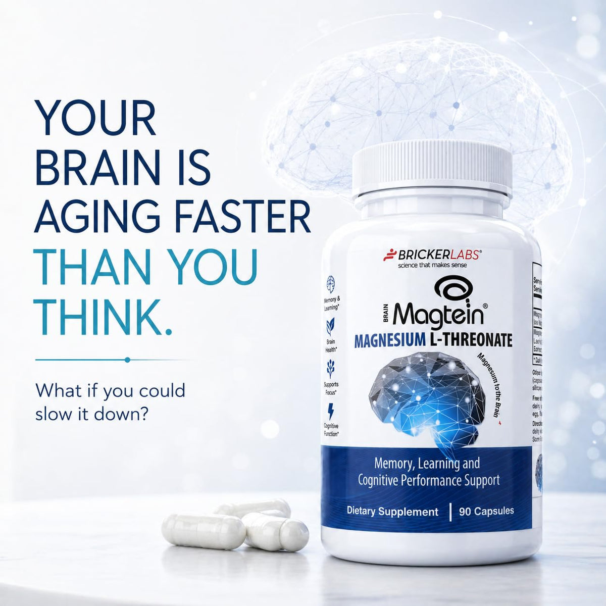 Bricker Labs Magtein capsules à l'intérieur du flacon