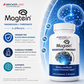 Bricker Labs Magtein capsules sur une surface blanche
