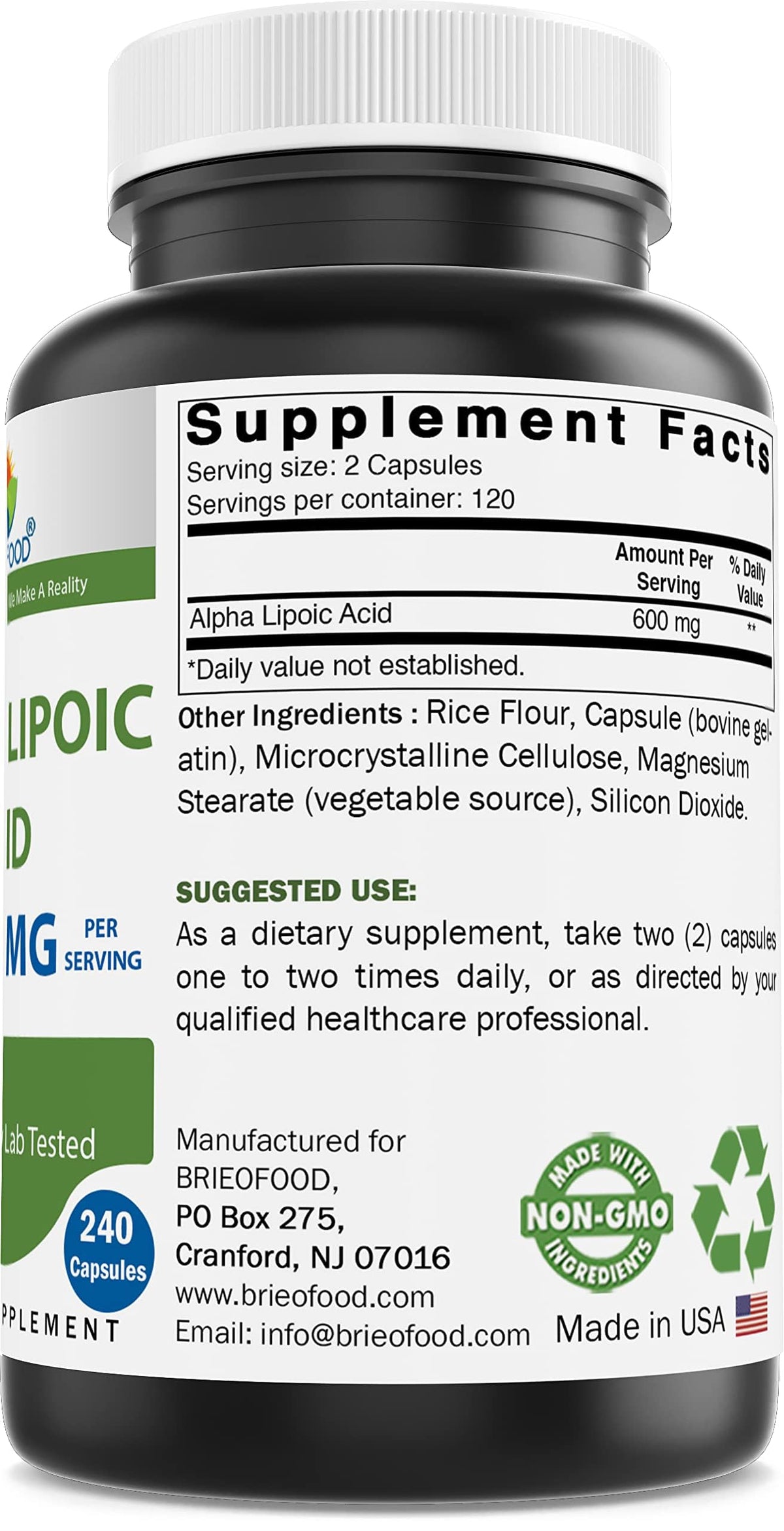 Brieofood Acide Alpha-Lipoïque étiquette et informations nutritionnelles