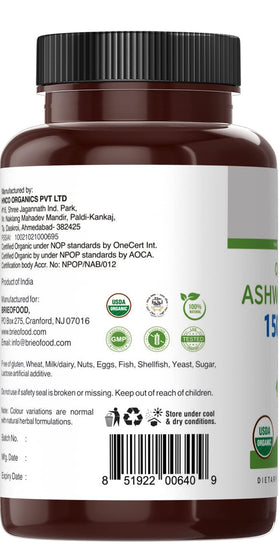 Brieofood Ashwagandha Bio 1500mg arrière de la boîte