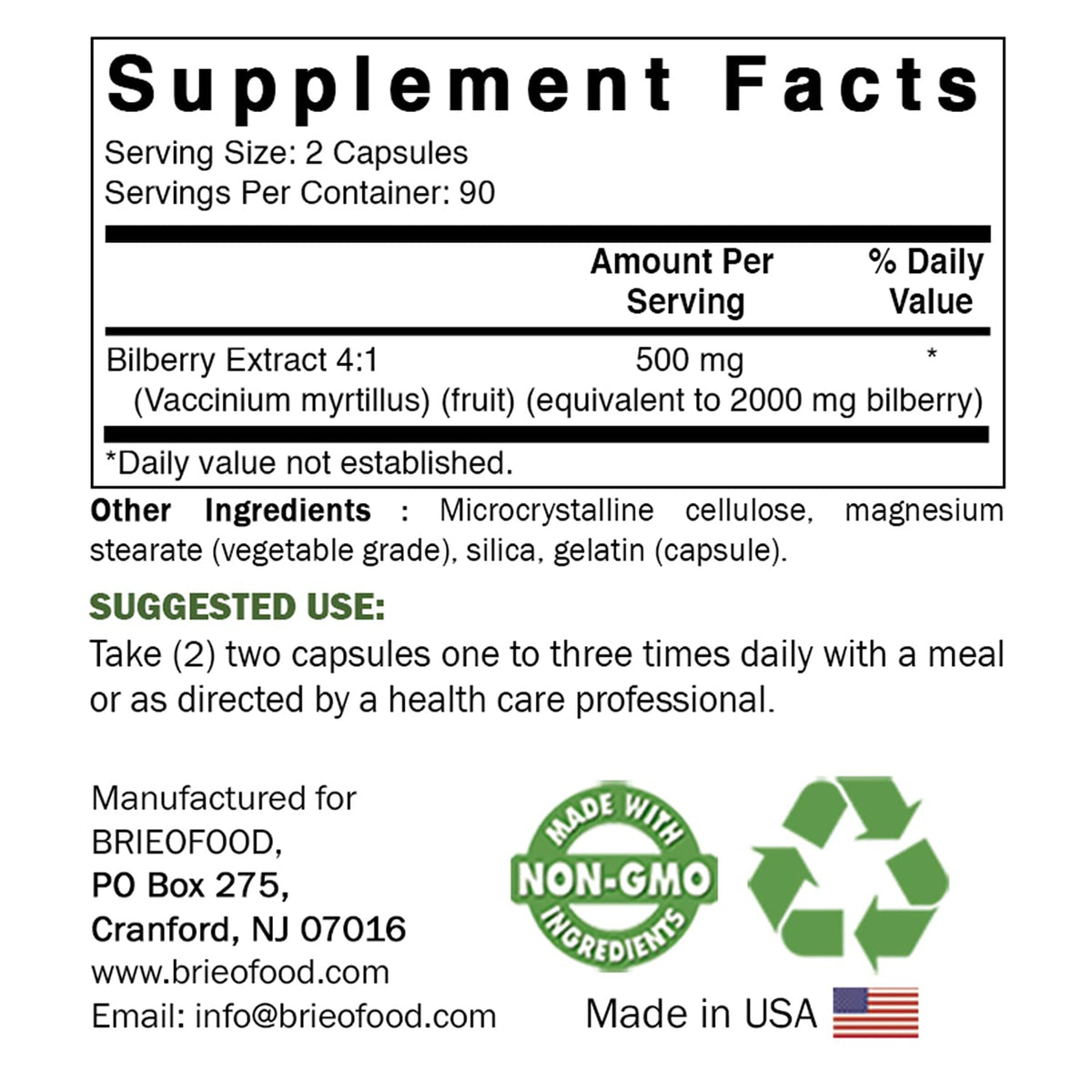 Brieofood Extrait de Myrtille 2000 mg - étiquette du flacon