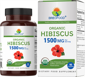 Brieofood Hibiscus Bio 1500mg comprimés végétariens, avant et arrière du flacon