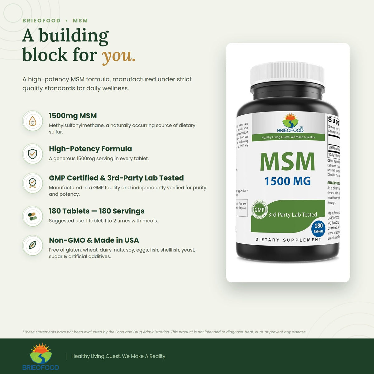 Brieofood MSM 1500mg 180 Tablettes - bouteille ouverte