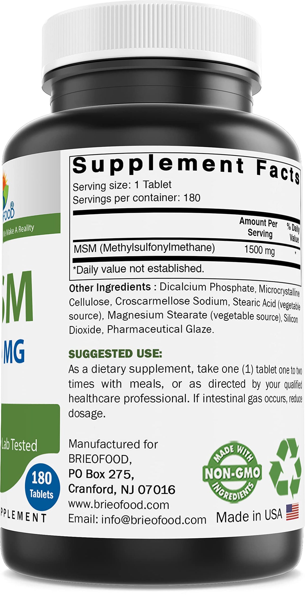 Brieofood MSM 1500mg 180 Tablettes - composition