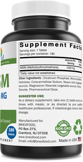 Brieofood MSM 1500mg 180 Tablettes - composition