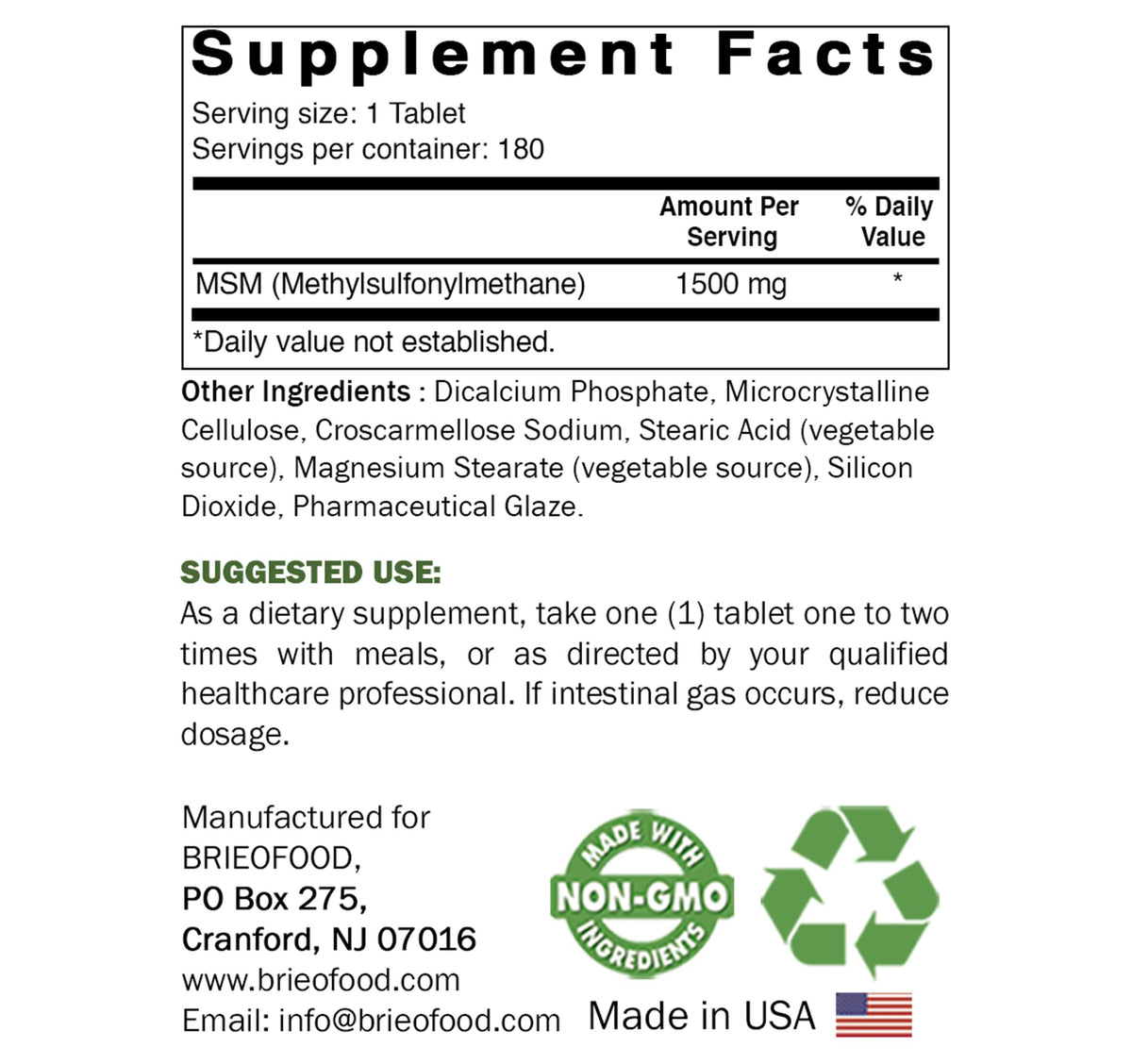 Brieofood MSM 1500mg 180 Tablettes - étiquette détaillée